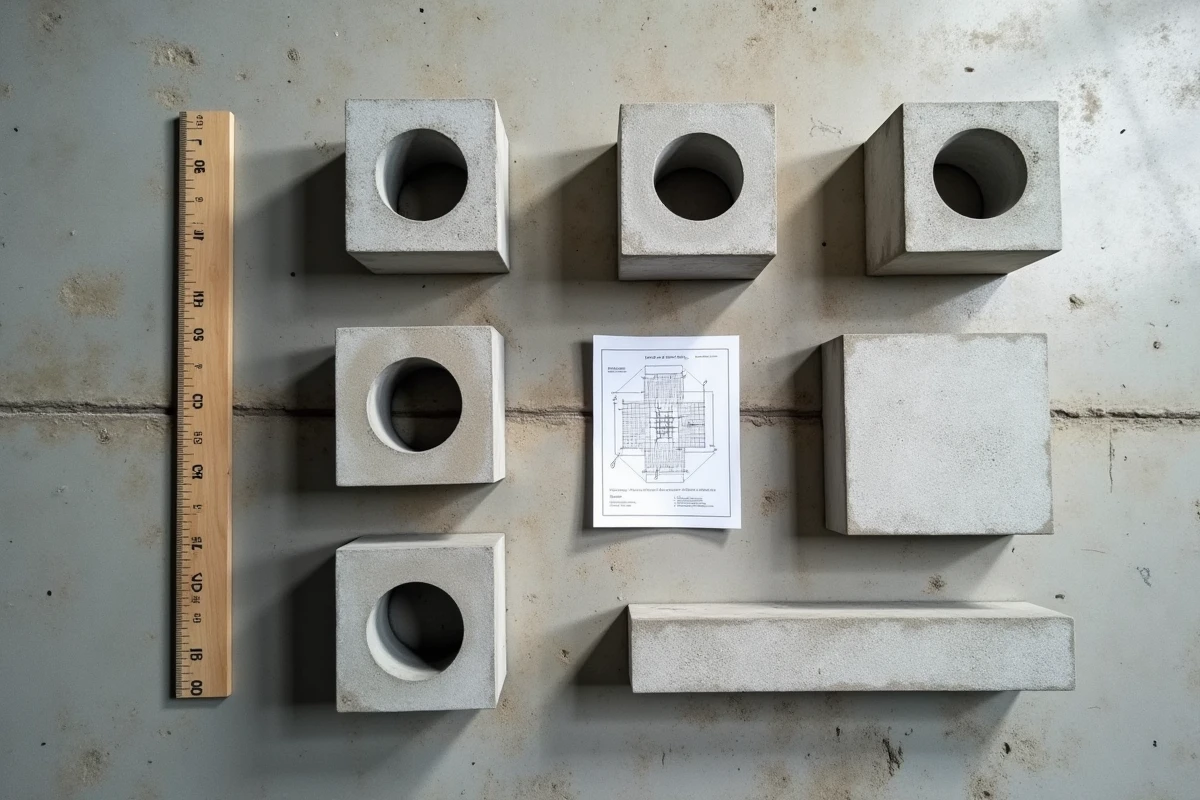 Vue de dessus de parpaings standards alignés avec une règle de mesure sur sol de chantier