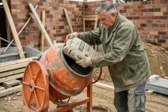 Ouvrier versant un sac de ciment 25 kg dans une bétonnière électrique sur un chantier de construction résidentiel