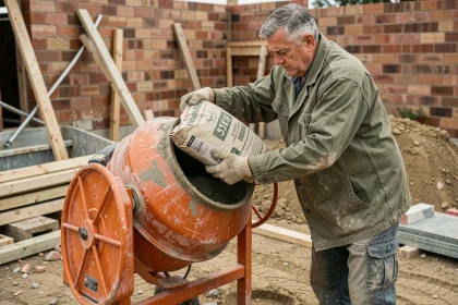 Ouvrier versant un sac de ciment 25 kg dans une bétonnière électrique sur un chantier de construction résidentiel