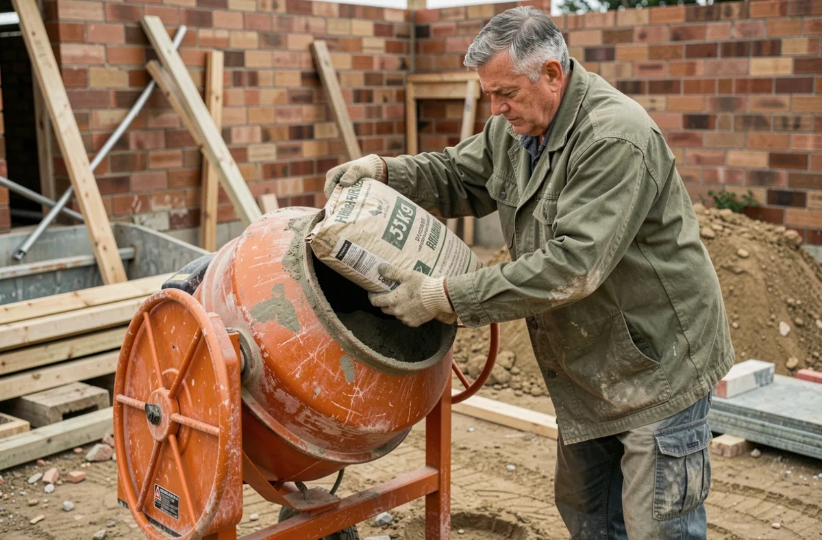 Ouvrier versant un sac de ciment 25 kg dans une bétonnière électrique sur un chantier de construction résidentiel