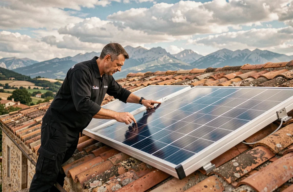 Installateur du réseau DualSun positionnant un panneau solaire hybride sur le toit d'une ferme occitane avec les contreforts des Pyrénées en arrière-plan