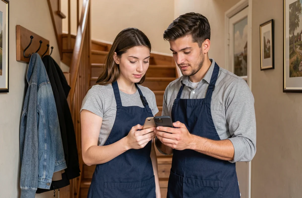 Deux étudiants en tablier consultant une liste de tâches ménagères sur smartphone dans le couloir d'une maison française