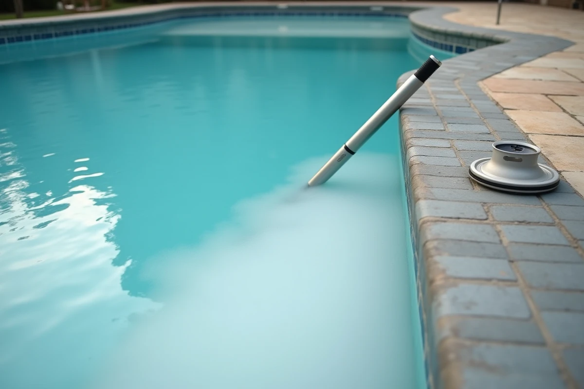 Eau de piscine trouble et laiteuse caus&eacute;e par un exc&egrave;s de clarifiant chimique avec accessoires de nettoyage