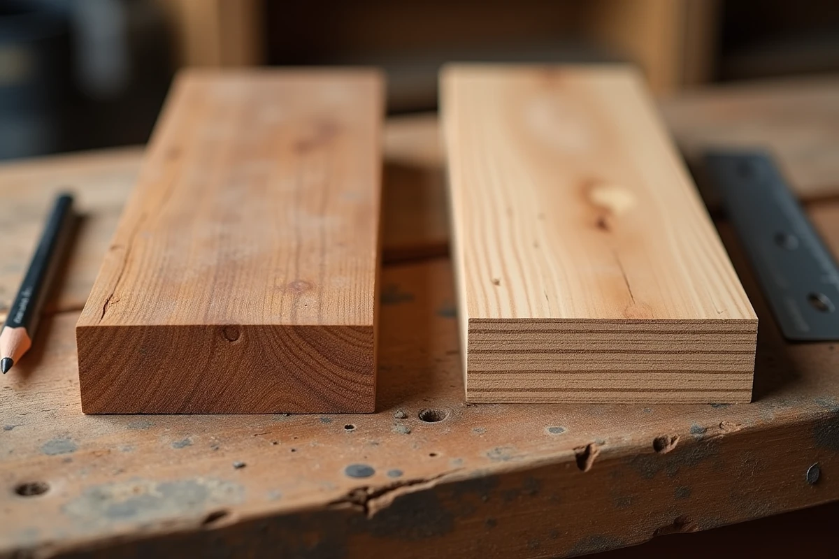 Gros plan sur deux échantillons de bois côte à côte, bois massif châtaignier et contreplaqué, posés sur un établi d'atelier