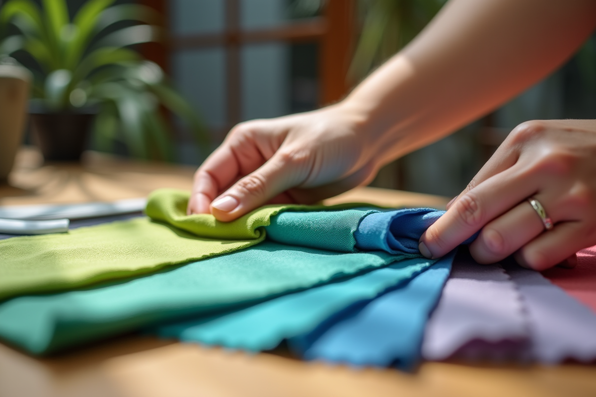 Mains manipulant des echantillons de tissus colorés
