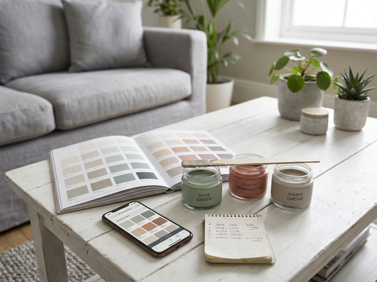 Vue de dessus d'échantillons de peinture, catalogue couleurs et application mobile pour choisir la teinte du salon