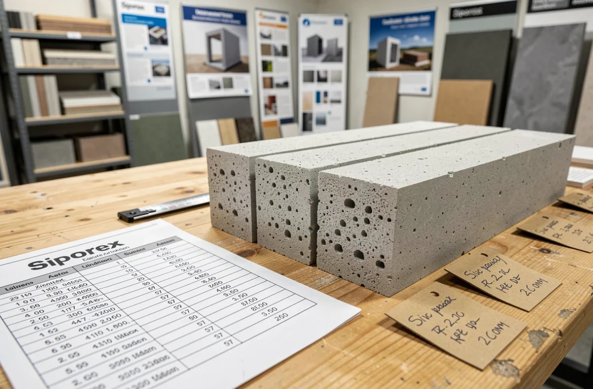 Échantillons de blocs Siporex en béton cellulaire sur établi avec tarif au m2 dans un showroom de matériaux