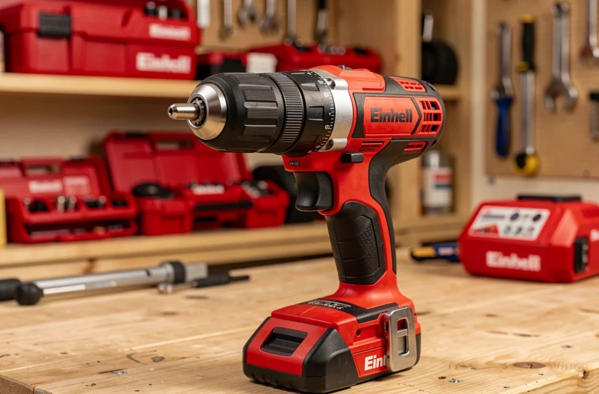 Visseuse Einhell TE-CD 18/44 Li-i rouge et noire avec mandrin acier bien visible posée sur un établi en bois