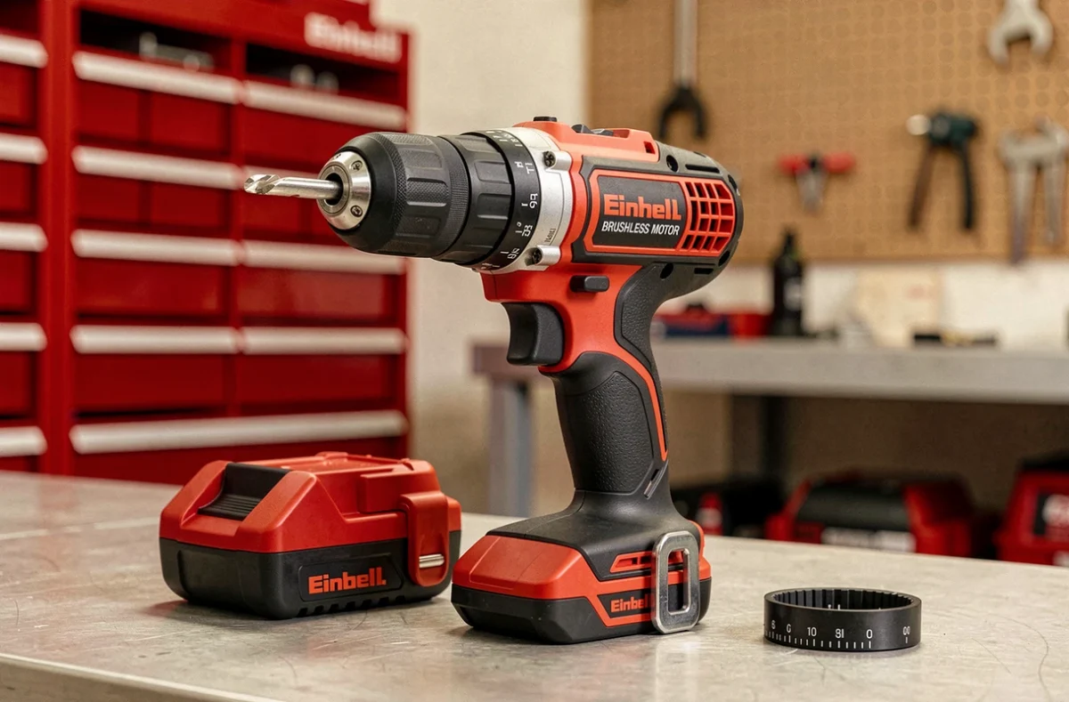 Visseuse brushless Einhell TP-CD 18/50 Li BL rouge et noire avec badge moteur brushless et batterie sur plan de travail métallique