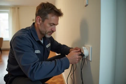 &Eacute;lectricien en train d'installer une prise &eacute;lectrique moderne