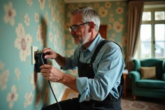 Électricien d'âge moyen réparant une prise téléphonique ancienne