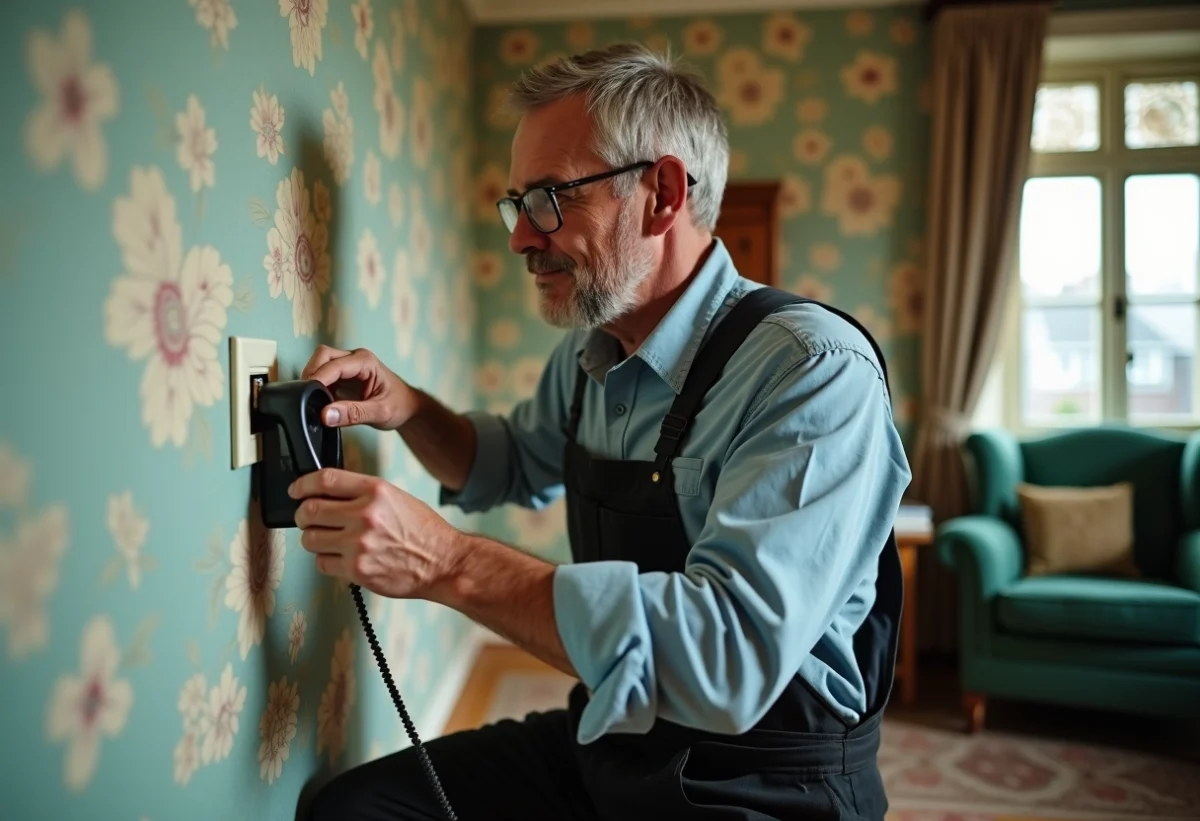 Électricien d'âge moyen réparant une prise téléphonique ancienne
