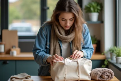Jeune femme emballant des vêtements dans un sac en tissu