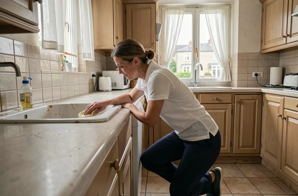Employée ménagère professionnelle nettoyant un évier dans une cuisine traditionnelle d'une maison du Nord de la France