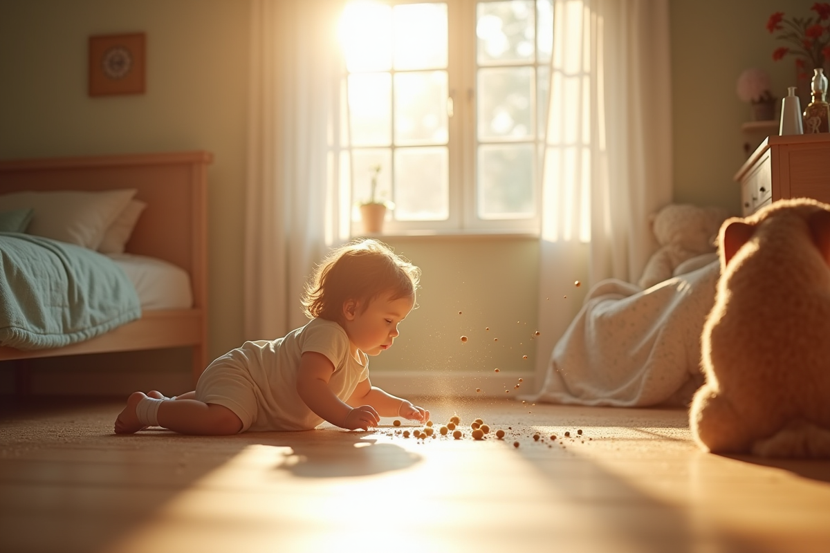 Enfant jouant dans une chambre lumineuse avec particules en suspension