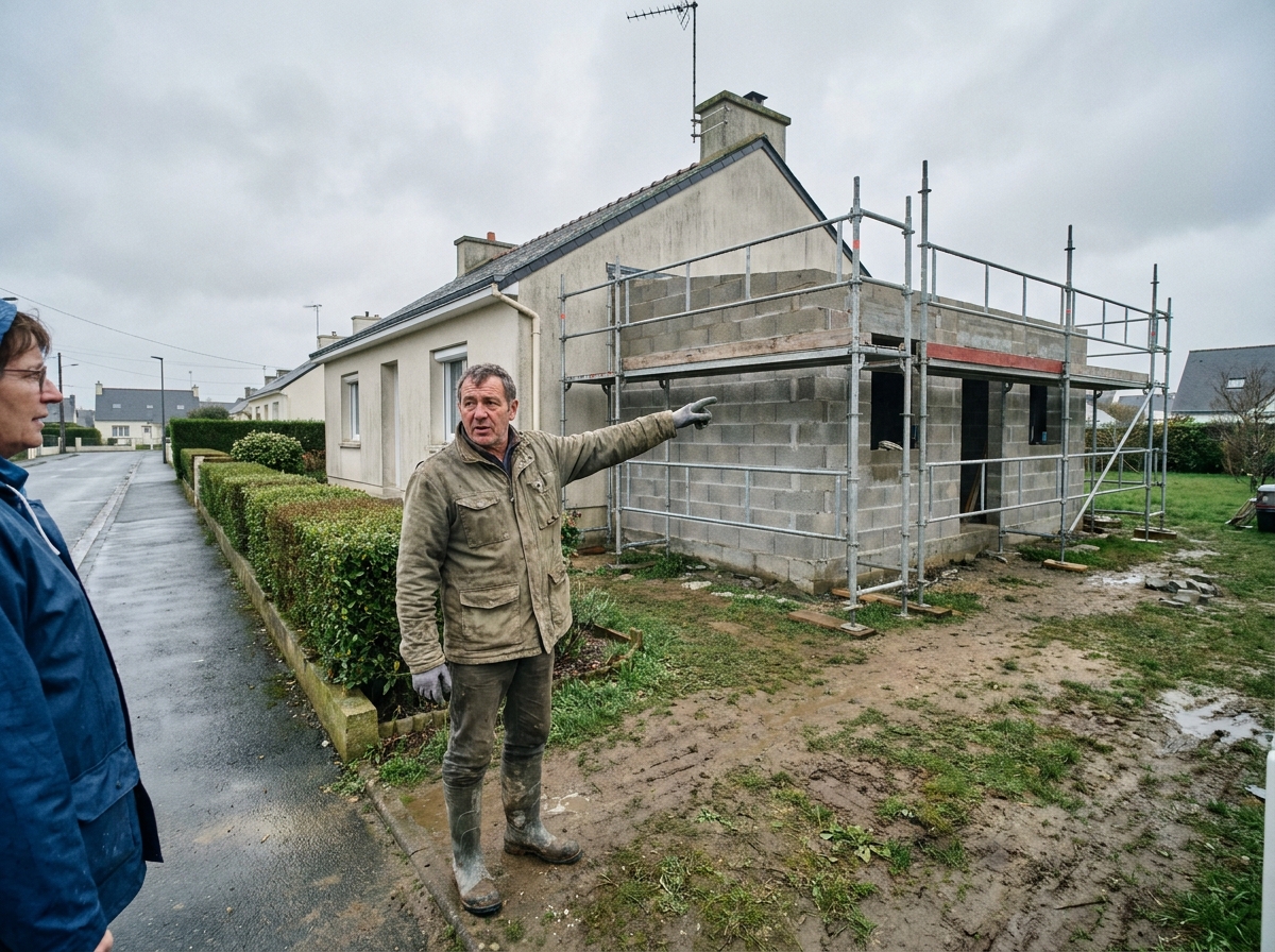Entrepreneur en bâtiment supervisant les travaux d'agrandissement d'une maison individuelle en périphérie de Saint-Nazaire