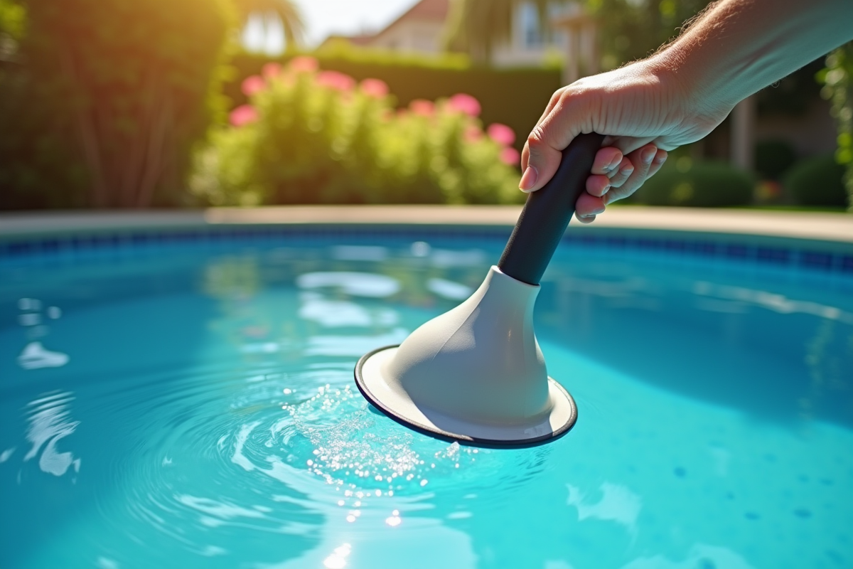 Main tenant une epuisette au-dessus d une piscine avec reflet du soleil