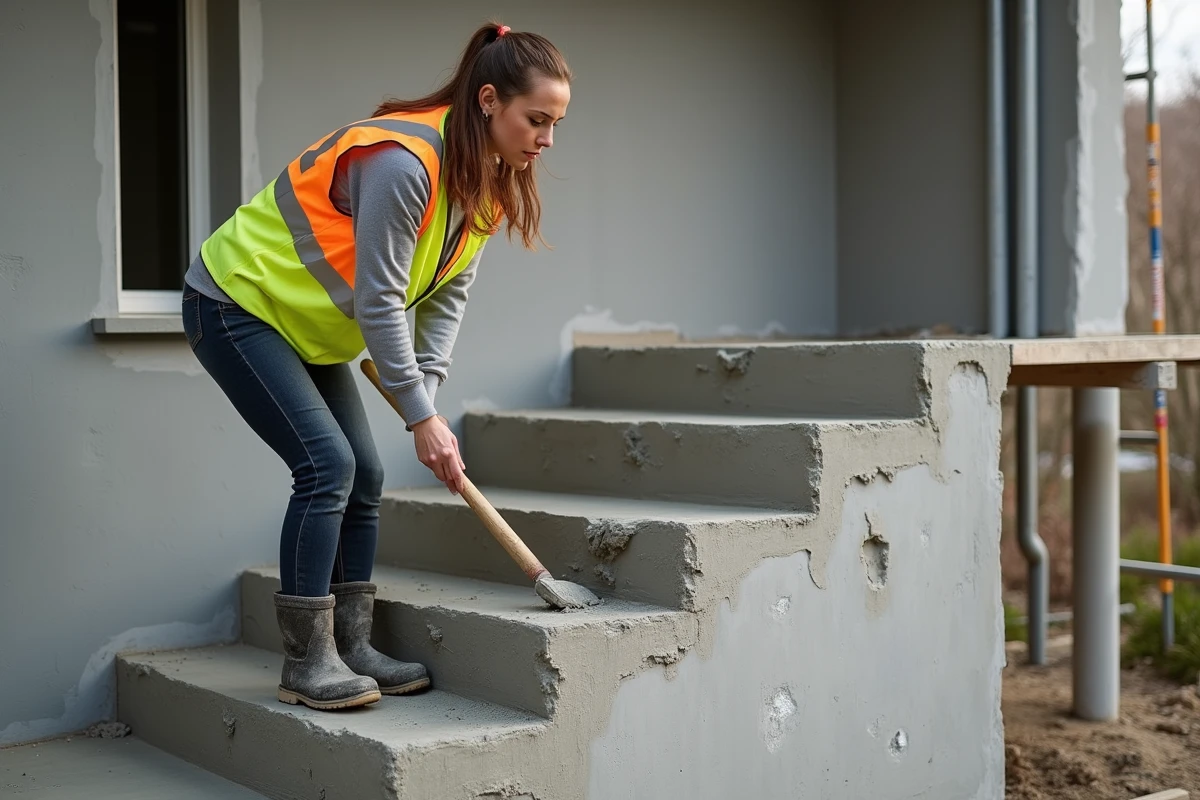 Ouvrière lissant les marches d'un escalier extérieur en béton fraîchement coulé lors d'une rénovation de maison