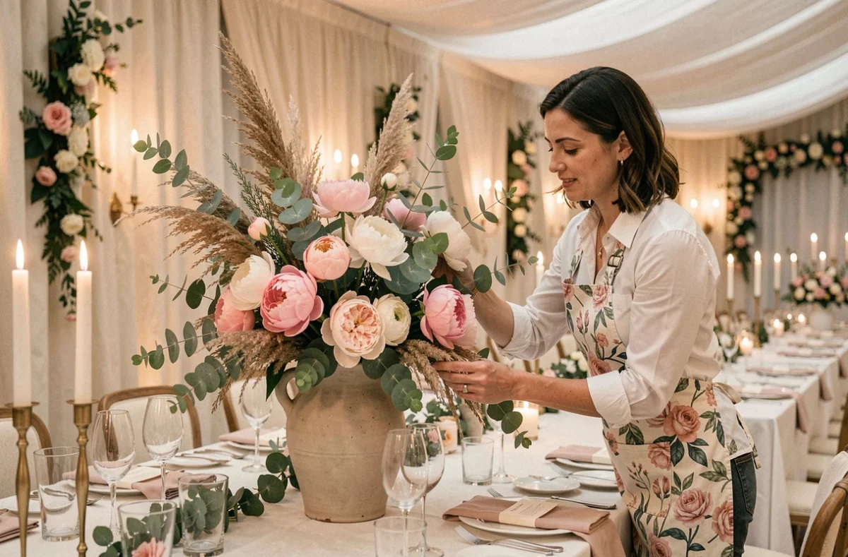 Fleuriste Espace Floral Marsin créant une décoration florale événementielle pour un banquet avec pivoines et eucalyptus