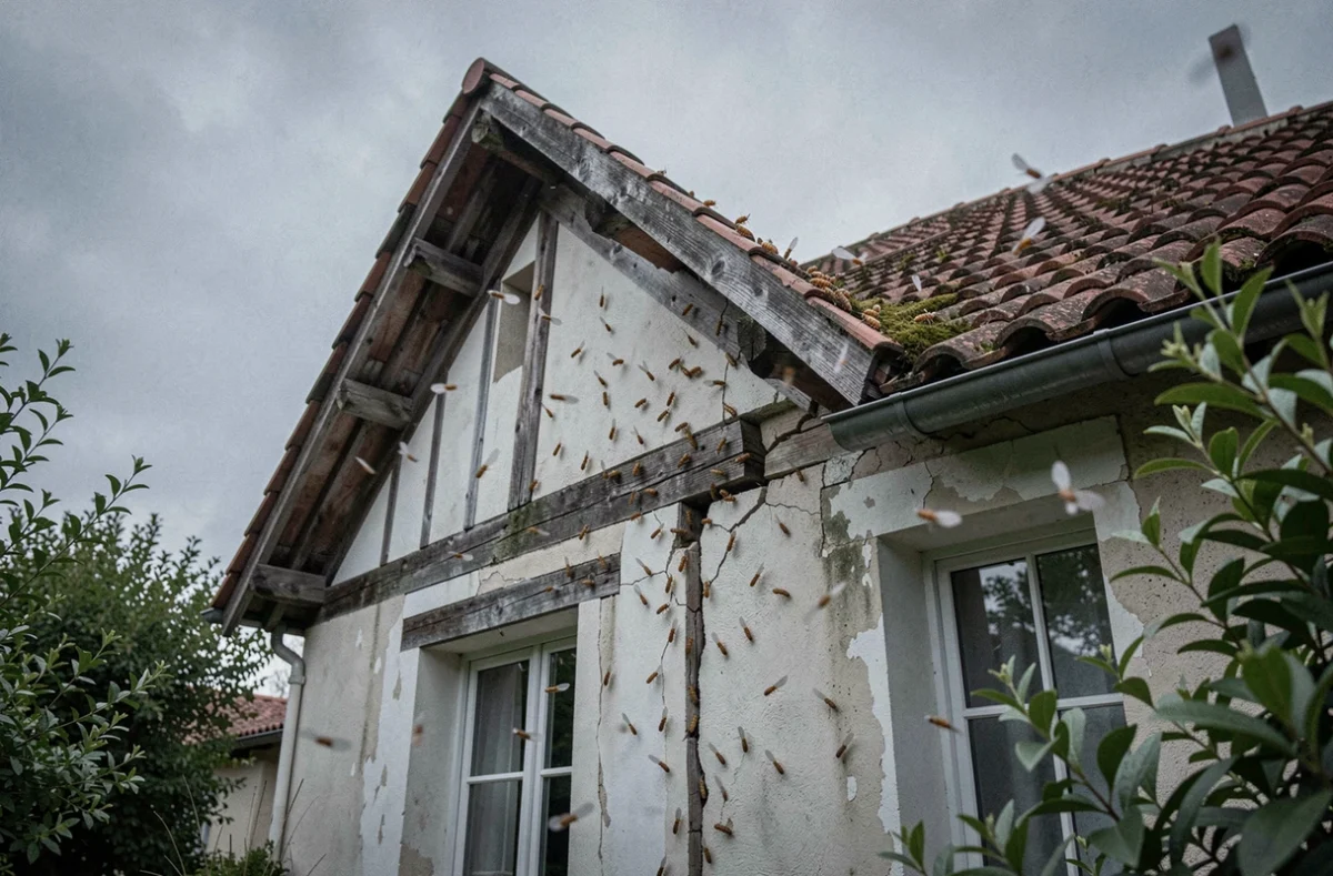 Essaimage de termites volants s'échappant d'une fissure dans la facade en bois d'une maison ancienne, illustrant une infestation active en extérieur