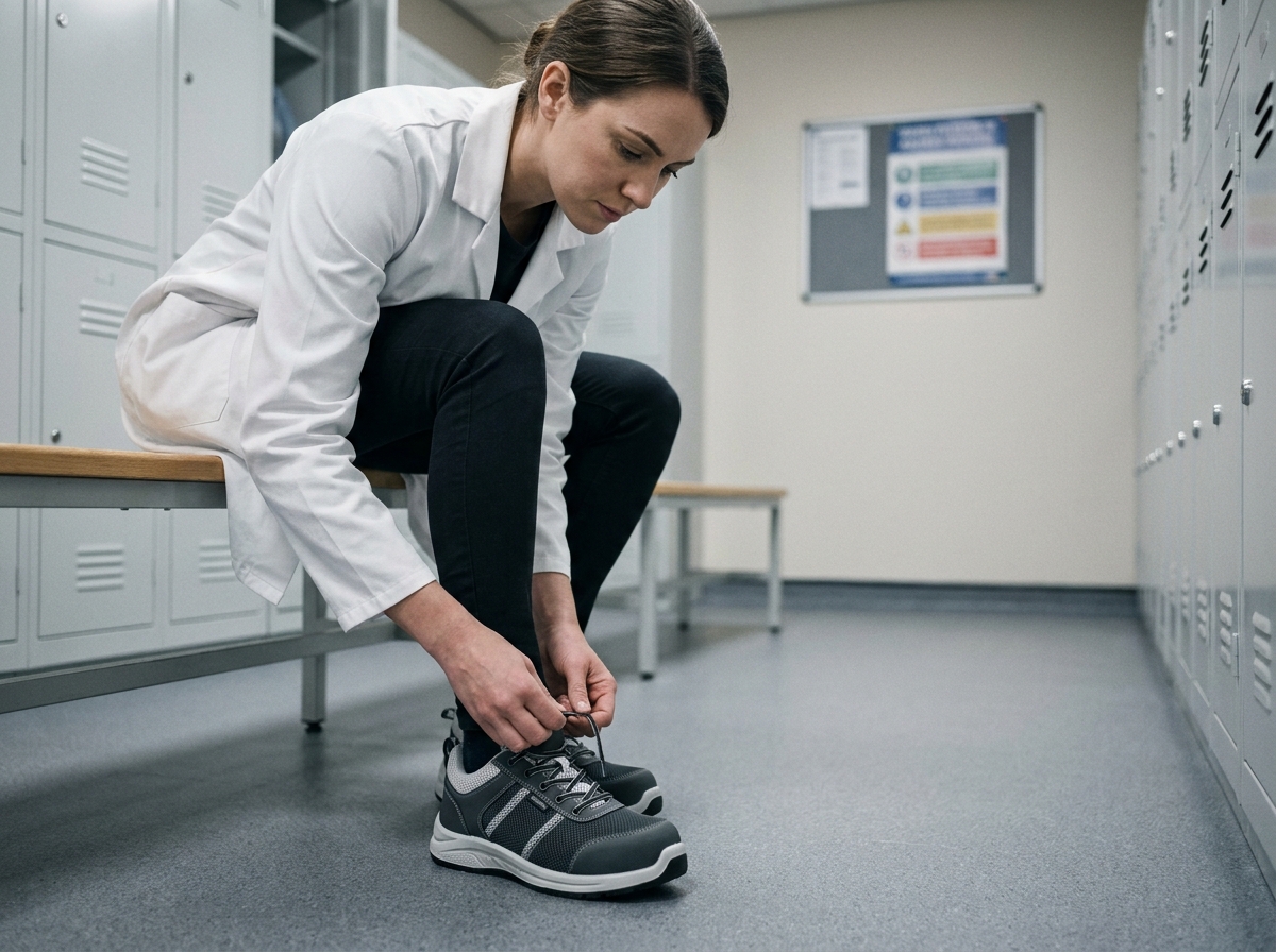 Femme essayant des chaussures de sécurité légères antistatiques dans un vestiaire industriel