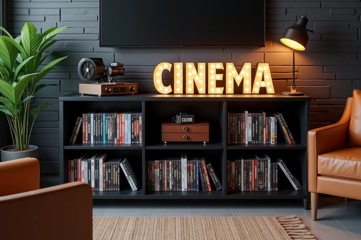 Étagère de décoration cinéma avec projecteur vintage, affichage lumineux et collection Blu-ray dans un coin salon aménagé