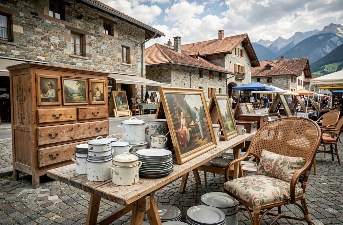 Étalage de meubles et objets vintage sur un marché aux puces en plein air avec architecture alpine en arrière-plan