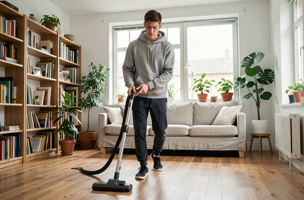 Jeune homme étudiant passant l'aspirateur dans un salon lumineux au style scandinave, job étudiant ménage à domicile