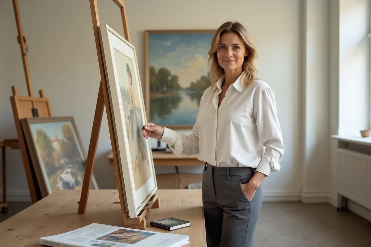 Experte en art évaluant un tableau impressionniste sur chevalet dans une salle d'estimation d'une maison de vente aux enchères à Caen