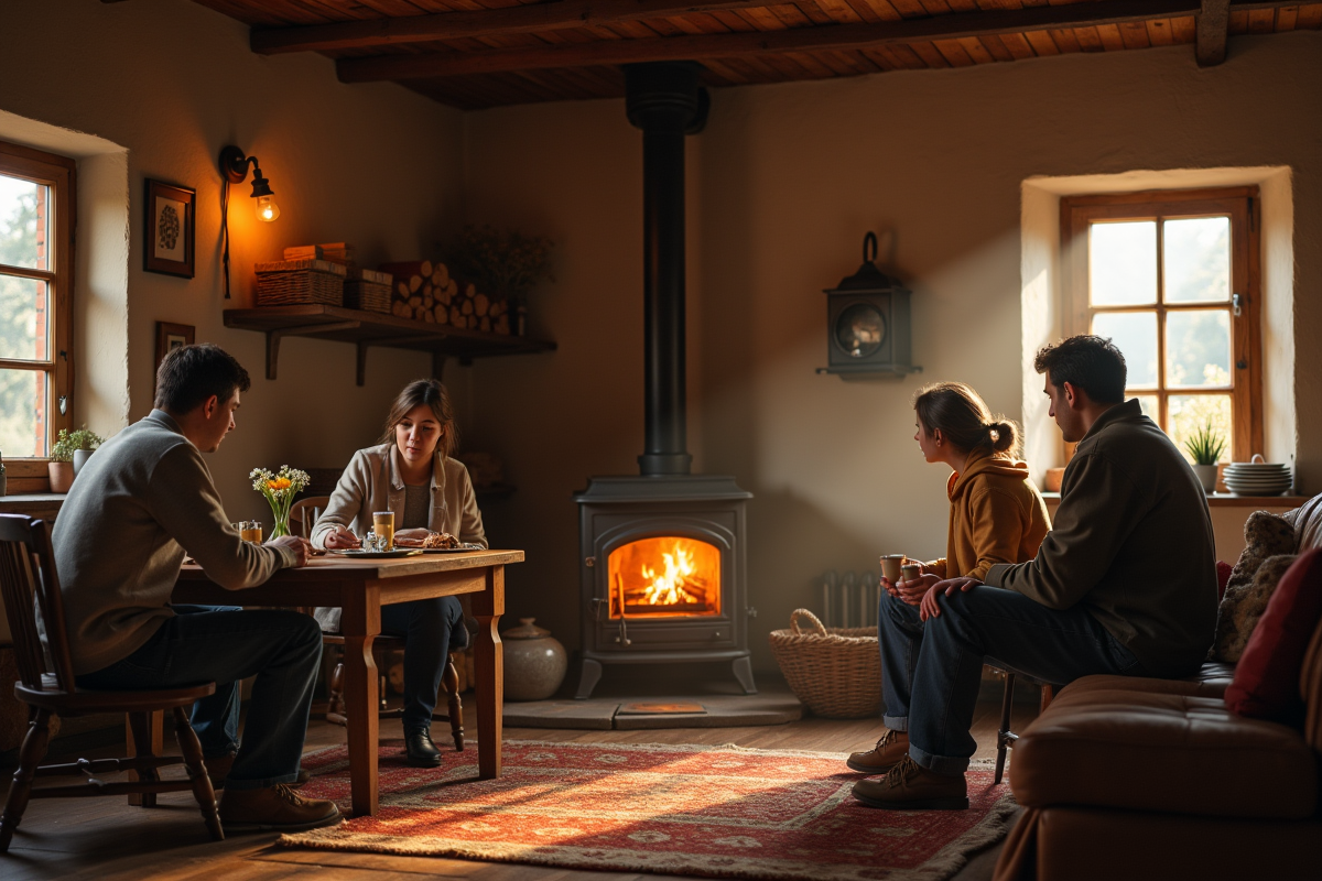 Famille dans une salle à manger rustique avec poêle à bois