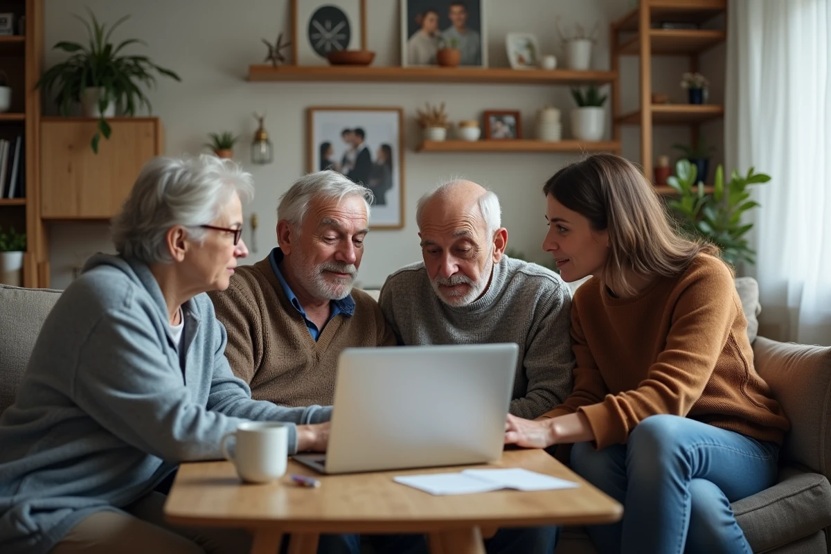 Famille française de plusieurs générations discutant du foyer fiscal et de l'impôt sur le revenu dans le salon