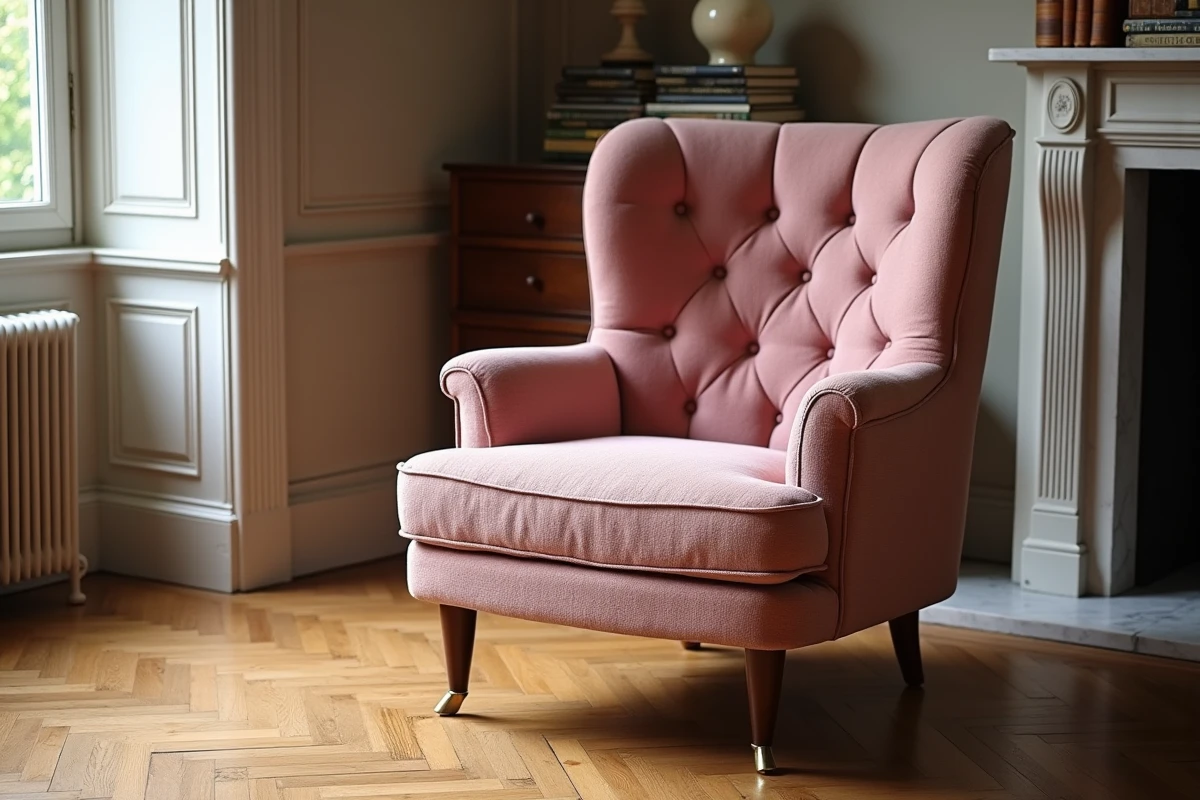 Fauteuil Voltaire rénové en tissu bouclé rose poudré dans un salon parisien