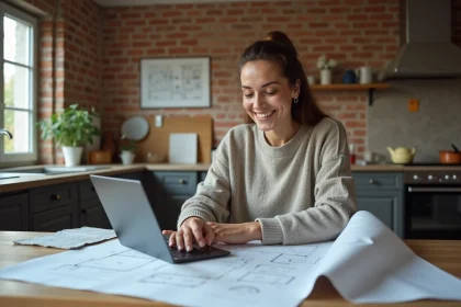 Femme souriante examinant plans de r&eacute;novation dans une cuisine moderne