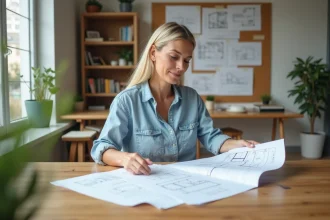 Femme en plan rapproché examinant des plans d'architecture dans un bureau lumineux