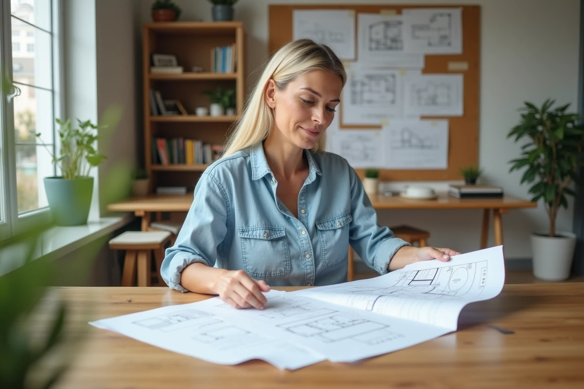 Femme en plan rapproché examinant des plans d'architecture dans un bureau lumineux