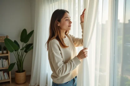 Jeune femme arrangeant des rideaux dans un salon cosy