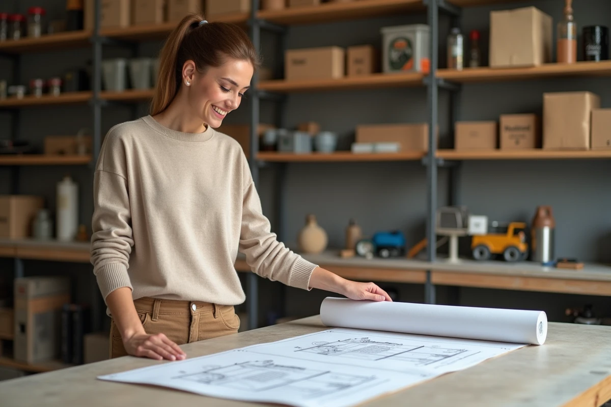 Femme souriante pointant un plan avec des parpaings