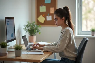 Jeune femme travaillant sur un ordinateur dans un bureau cosy