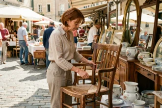 Femme inspectant une chaise en bois vintage lors d'un vide-grenier à Annecy par une journée ensoleillée