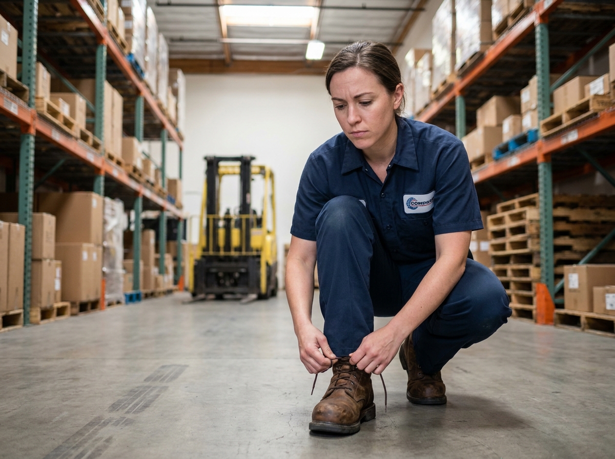 Femme portant des chaussures de sécurité à embout acier dans un entrepôt industriel moderne