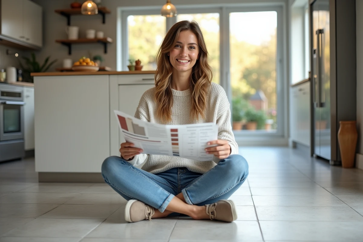 Jeune femme étudie des échantillons de carrelage