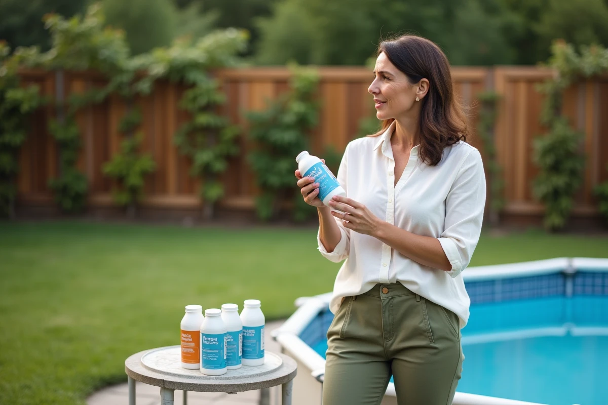 Femme lisant les instructions d'un clarifiant piscine pour &eacute;viter un surdosage dans l'eau