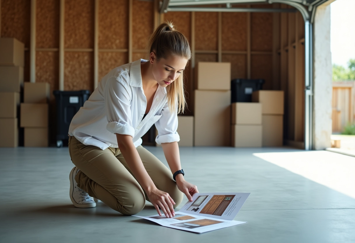 Jeune femme examinant des brochures de portes de garage à l