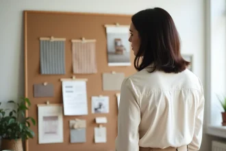 Femme consultant un tableau d'inspiration déco avec des échantillons de couleurs et de tissus dans un bureau créatif à domicile