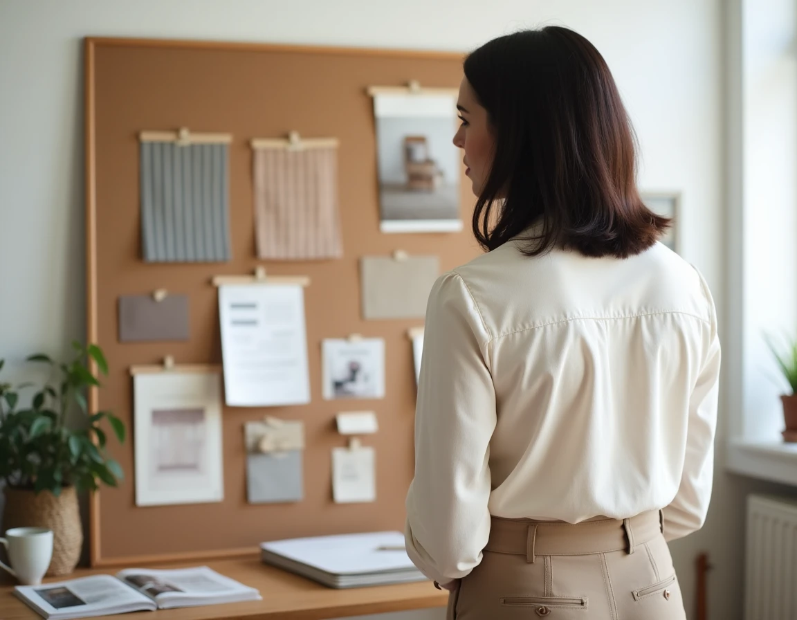 Femme consultant un tableau d'inspiration déco avec des échantillons de couleurs et de tissus dans un bureau créatif à domicile