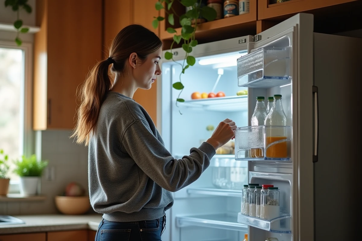 Femme constatant du givre et de la condensation à l'intérieur de son réfrigérateur, signes possibles d'une fuite de gaz