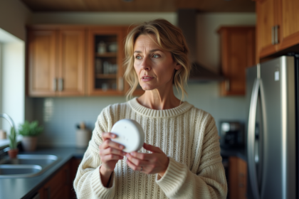 Femme examinant un détecteur de monoxyde de carbone dans la cuisine