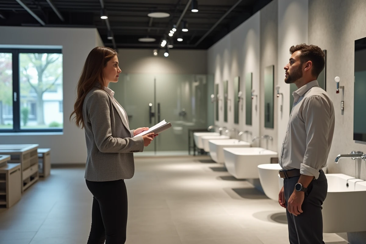 Femme discutant de designs de douches avec un conseiller en showroom