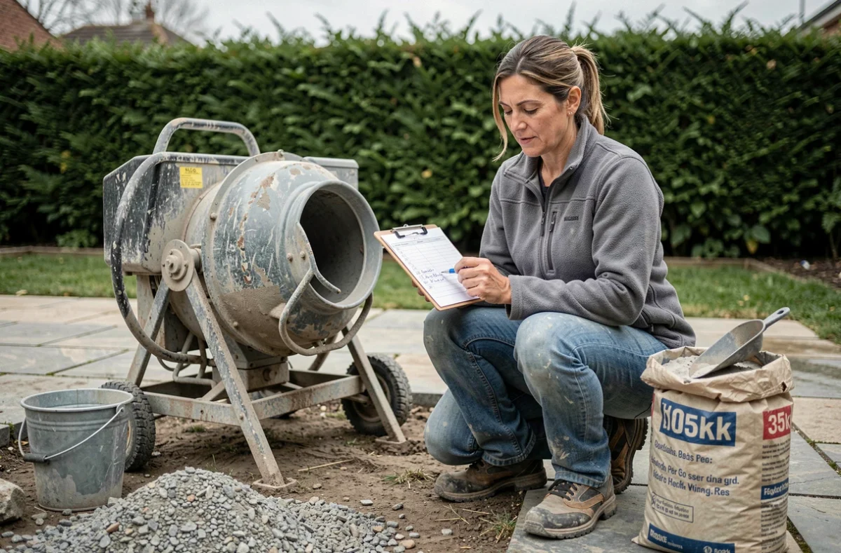 Femme consultant une fiche de dosage bétonnière à côté d'un sac de ciment 35 kg lors d'un chantier de terrasse en jardin