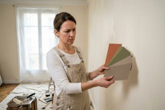 Femme comparant des échantillons de peinture contre un mur de salon en cours de rénovation